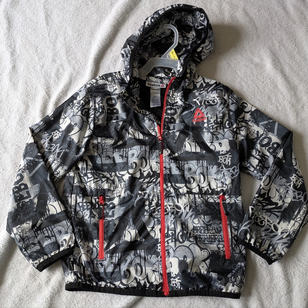 Reebok Black and White Graphic Jacket with Red Accents